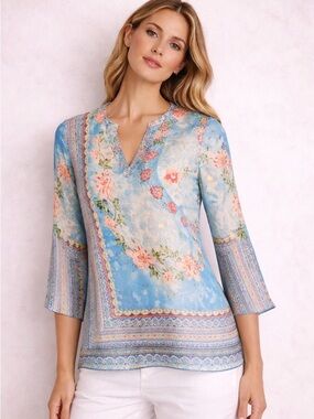 Johnny Was Silk Floral Boho Blouse Tunic XS Blue Multicolor Print, NWOT